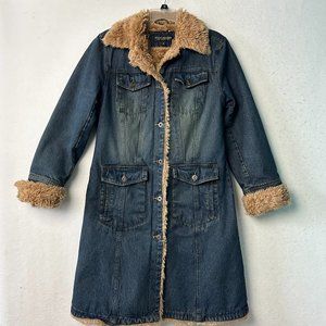 Steve Madden Long Island City coat women M Vintage Long Denim Faux Fur Lining